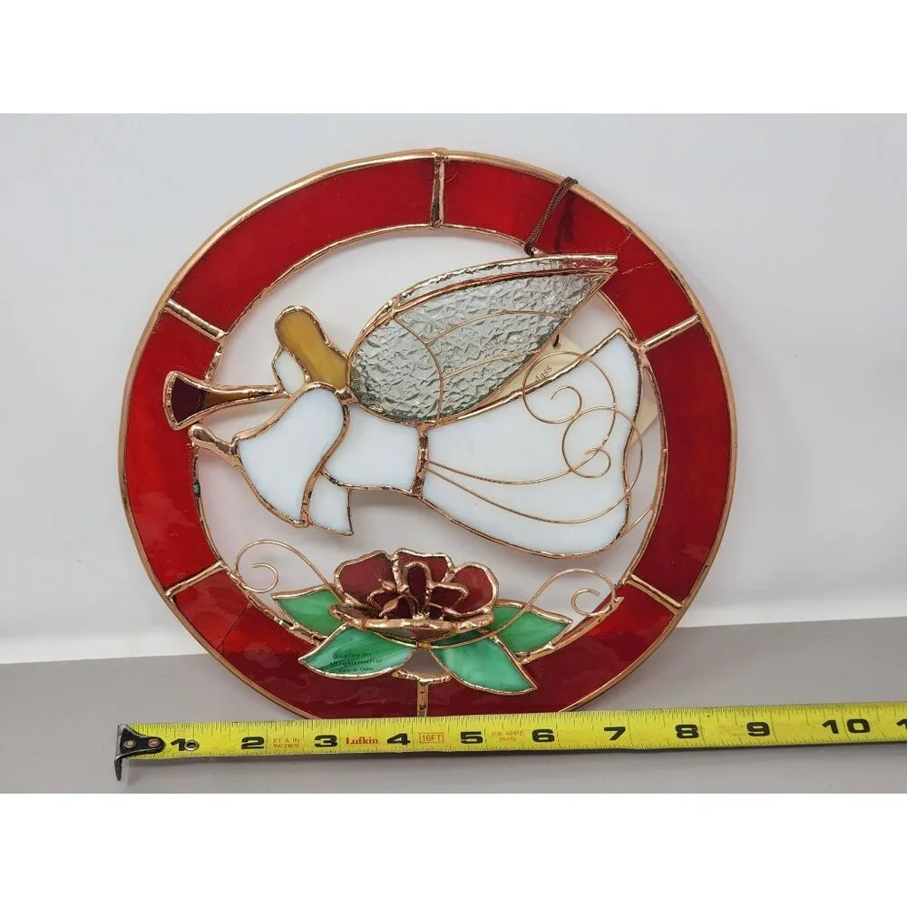 Vintage Christmas/Holiday Round 3-D Stained Glass Trumpeting‎ Angel With Rose